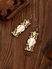 1雙可愛卡通木頭矩形形狀mm字母&棒球圖案吊墜耳環適合女士,合適的適用於派對,舞蹈派對,開學季,或者作為節日禮物 - 彩色 - 查看 4