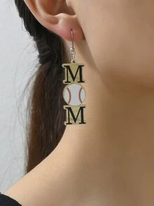 1雙可愛卡通木頭矩形形狀mm字母&棒球圖案吊墜耳環適合女士,合適的適用於派對,舞蹈派對,開學季,或者作為節日禮物 - 彩色 - 查看 3