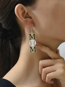 1雙可愛卡通木頭矩形形狀mm字母&棒球圖案吊墜耳環適合女士,合適的適用於派對,舞蹈派對,開學季,或者作為節日禮物 - 彩色 - 查看 2