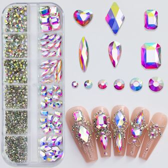 12 Grids Various Shape Y2K Aesthetic 3D Flat Bottom Nail Art Decorations Kit With Ab Crystals And Glass Rhinestones, Diy Crafts, Facial Makeup, Clothing And Nail Art Decorations Nail Charms Nail Gems Nail Supplies Nails