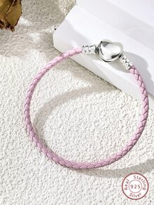 Máy Tính Thời Trang Trái Tim Trang Trí Đầu Đĩa Đơn Màu Hồng Dây Da Bracelet19CM Dành Cho Nữ S925 Bạc Cao Cấp Làm Trang Sức - Bạc - Xem 1