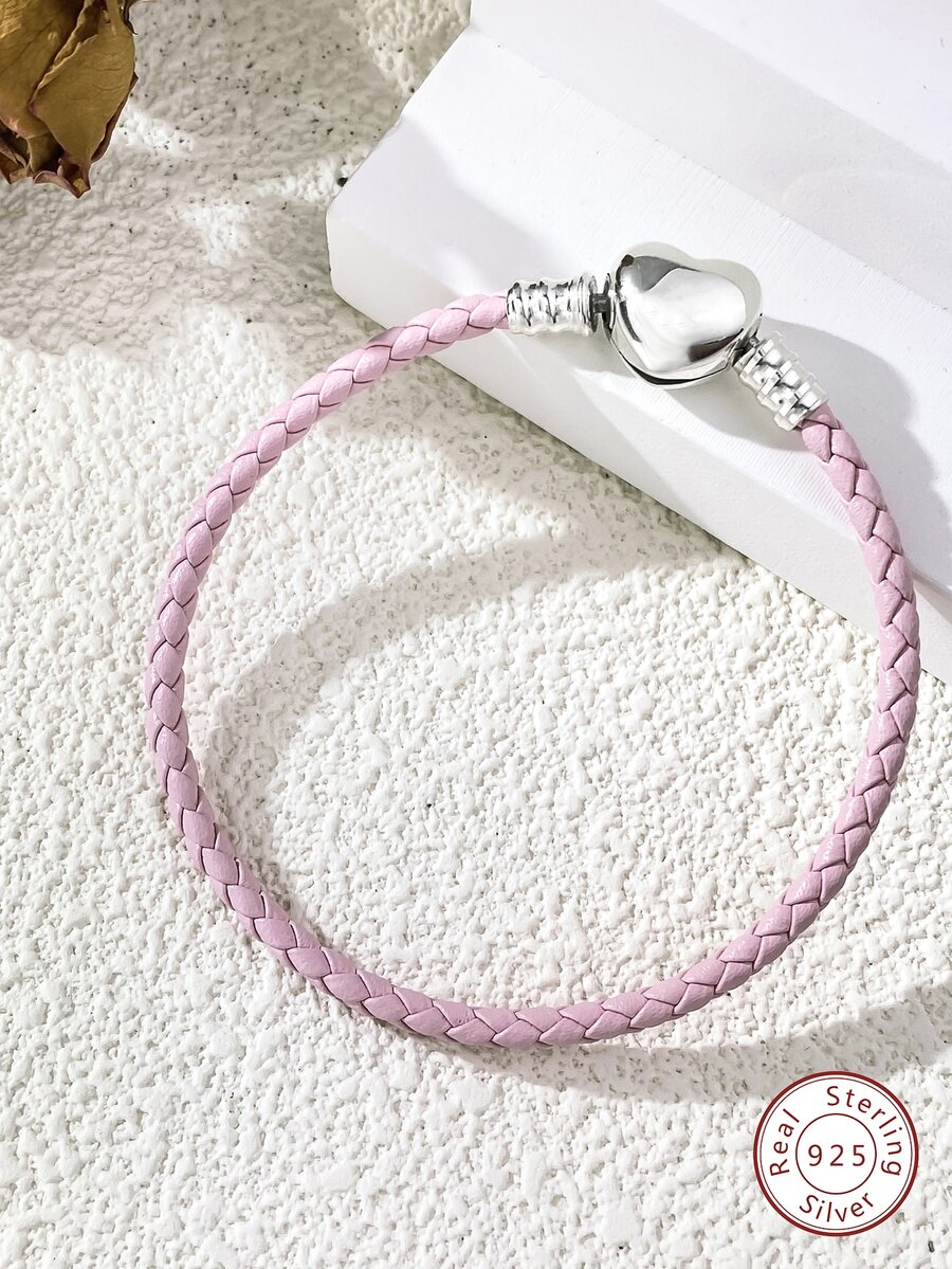 Máy Tính Thời Trang Trái Tim Trang Trí Đầu Đĩa Đơn Màu Hồng Dây Da Bracelet19CM Dành Cho Nữ S925 Bạc Cao Cấp Làm Trang Sức - Bạc - Xem 1