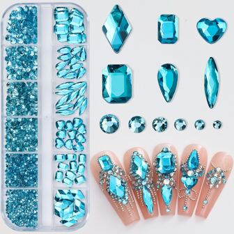 12 Grids/Set Y2K Style 3D Flatback Nail Art Rhinestones With Various Shapes & Ab Colors, Glass Gems & Decorative Tool Kit For Diy Crafts, Face, Clothing, Nail Art Decoration Nail Charms Nail Supplies Nails