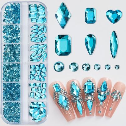 12 Grids/Set Y2K Style 3D Flatback Nail Art Rhinestones With Various Shapes & Ab Colors, Glass Gems & Decorative Tool Kit For Diy Crafts, Face, Clothing, Nail Art Decoration Nail Charms Nail Supplies Nails