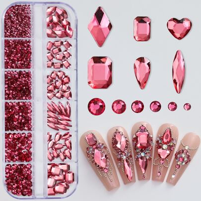 12 Grids Mixed Shape Flatback Y2K Style 3d Rhinestones, Nail Art Glass Ab Crystal Gems Tool Kit, DIY Crafts Decorations For Face, Clothes, Nails Nail Charms Nail Supplies