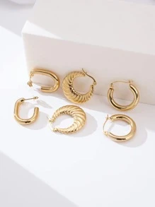 3pairs/set Stainless Steel Textured Earrings: Hoops, Studs, Croissant Shaped Dangle Earrings For Women