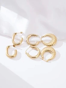 3pairs/set Stainless Steel Textured Earrings: Hoops, Studs, Croissant Shaped Dangle Earrings For Women