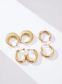 3pairs/set Stainless Steel Textured Earrings: Hoops, Studs, Croissant Shaped Dangle Earrings For Women