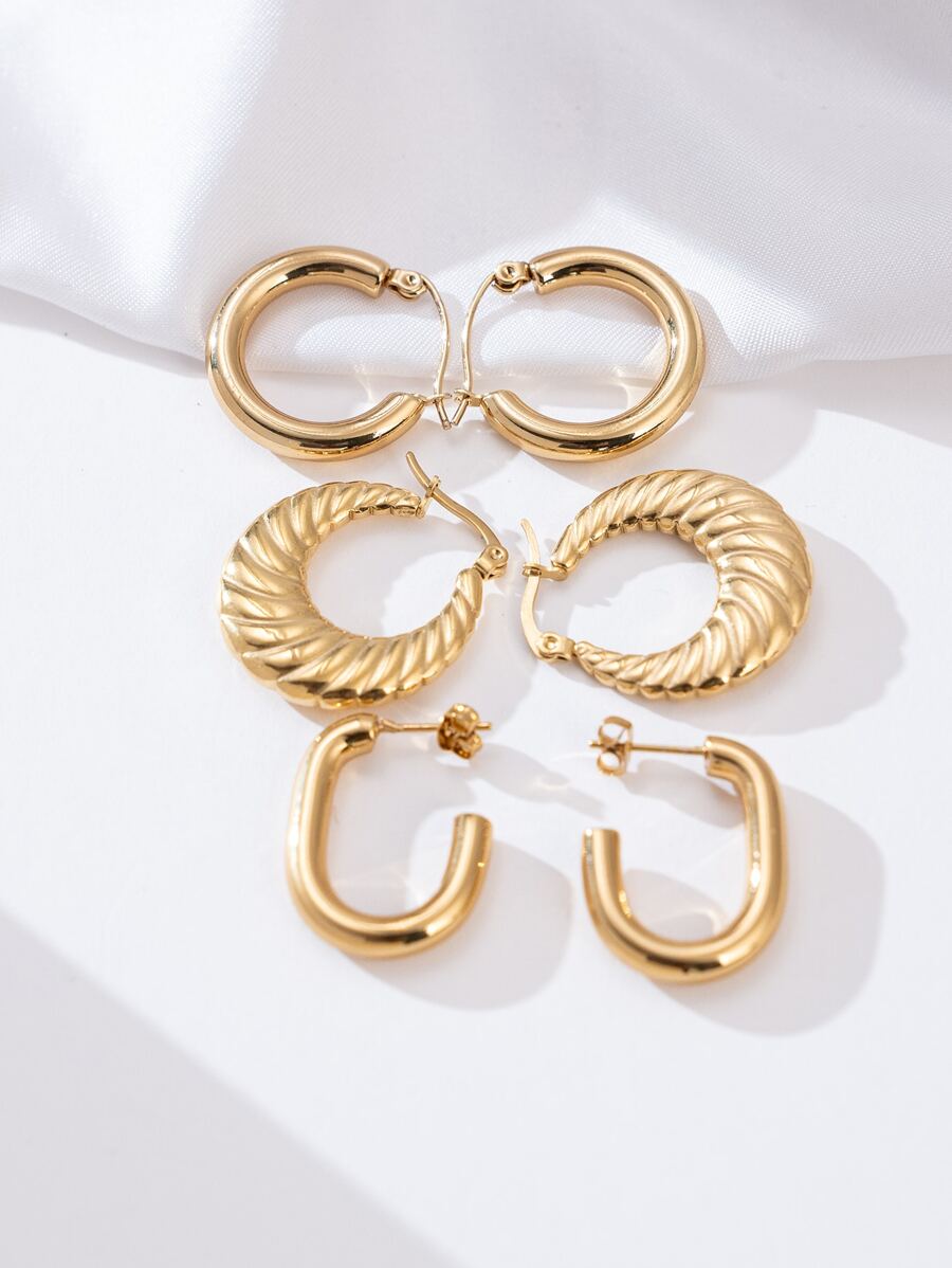 3pairs/set Stainless Steel Textured Earrings: Hoops, Studs, Croissant Shaped Dangle Earrings For Women