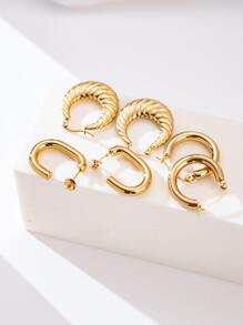 3pairs/set Stainless Steel Textured Earrings: Hoops, Studs, Croissant Shaped Dangle Earrings For Women