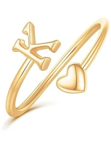 Vanel Nhẫn cắt chữ cái hình trái tim tối giản cho phụ nữ, chất liệu đồng (mềm) Nhẫn chữ cái A-Z hình trái tim có thể điều chỉnh, trang sức cưới dễ thương cho ngày lễ tình nhân - Vàng - Xem 7