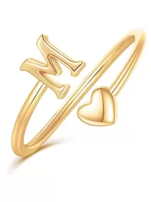 Vanel Nhẫn cắt chữ cái hình trái tim tối giản cho phụ nữ, chất liệu đồng (mềm) Nhẫn chữ cái A-Z hình trái tim có thể điều chỉnh, trang sức cưới dễ thương cho ngày lễ tình nhân - Vàng - Xem 5