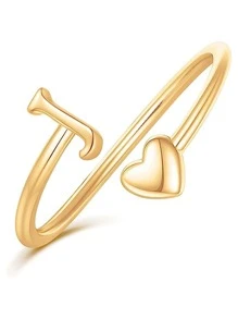Vanel Nhẫn cắt chữ cái hình trái tim tối giản cho phụ nữ, chất liệu đồng (mềm) Nhẫn chữ cái A-Z hình trái tim có thể điều chỉnh, trang sức cưới dễ thương cho ngày lễ tình nhân - Vàng - Xem 6