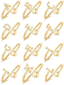 Vanel Nhẫn cắt chữ cái hình trái tim tối giản cho phụ nữ, chất liệu đồng (mềm) Nhẫn chữ cái A-Z hình trái tim có thể điều chỉnh, trang sức cưới dễ thương cho ngày lễ tình nhân - Vàng - Xem 3