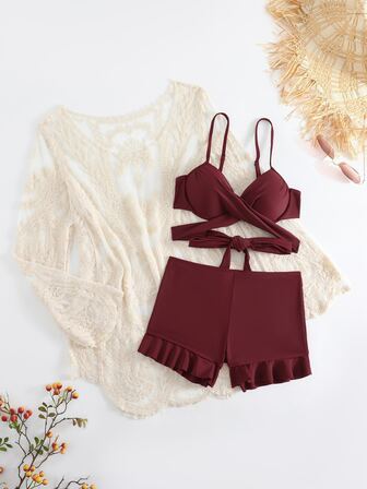 Bikini Set Women's Split Belt Cover Up Top Three-Piece Set Conservative Cover Belly Thin Underwire Gathered Minimalist Sexy Ins Hot Spring Beach Vacation Swimwear Summer Beach