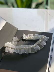 蕾絲假珍珠鎖骨項鍊 - 白色 - 查看 2