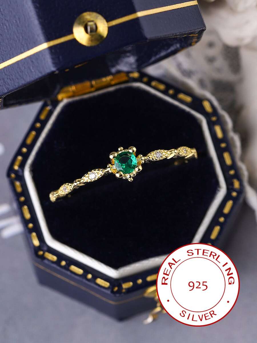 Ins Style Japanese-inspired Rectangle Cubic Zirconia Statement Ring As Food Ring, 925s Silver Plated With 14k Gold - Yellow - View 1