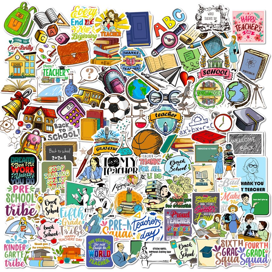 100入組/套卡通圖案貼紙,簡約風教室電腦剪貼簿塗鴉貼紙 - 彩色 - 查看 1