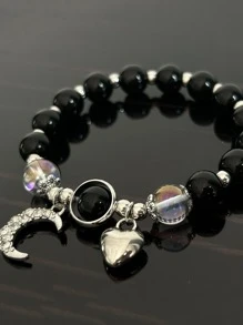 1Pc Moon Heart Beaded Bracelet For Women - Black - View 3