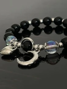 1Pc Moon Heart Beaded Bracelet For Women - Black - View 5