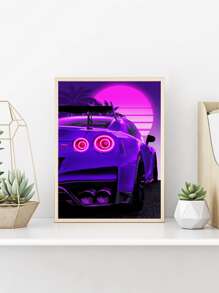 1入組賽車牆壁藝術印刷品，日本 Gtr R34 天際線牆壁藝術現代都市霓虹燈海報，天際線汽車帆布藝術畫適合客廳男孩房間牆壁裝飾 - 紫色 - 查看 2