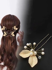 2 件仿珍珠发夹 - 金色 - 查看 1