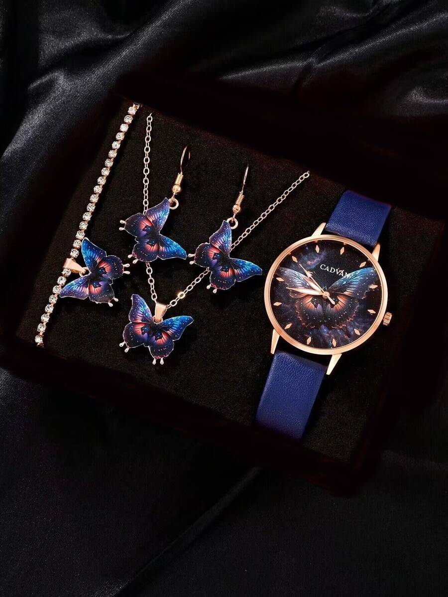 1入組女士藍色PU聚氨酯帶裝飾蝴蝶樣式圓形錶盤石英表和4入組首飾類適用於日常生活 - 藍色 - 查看 1