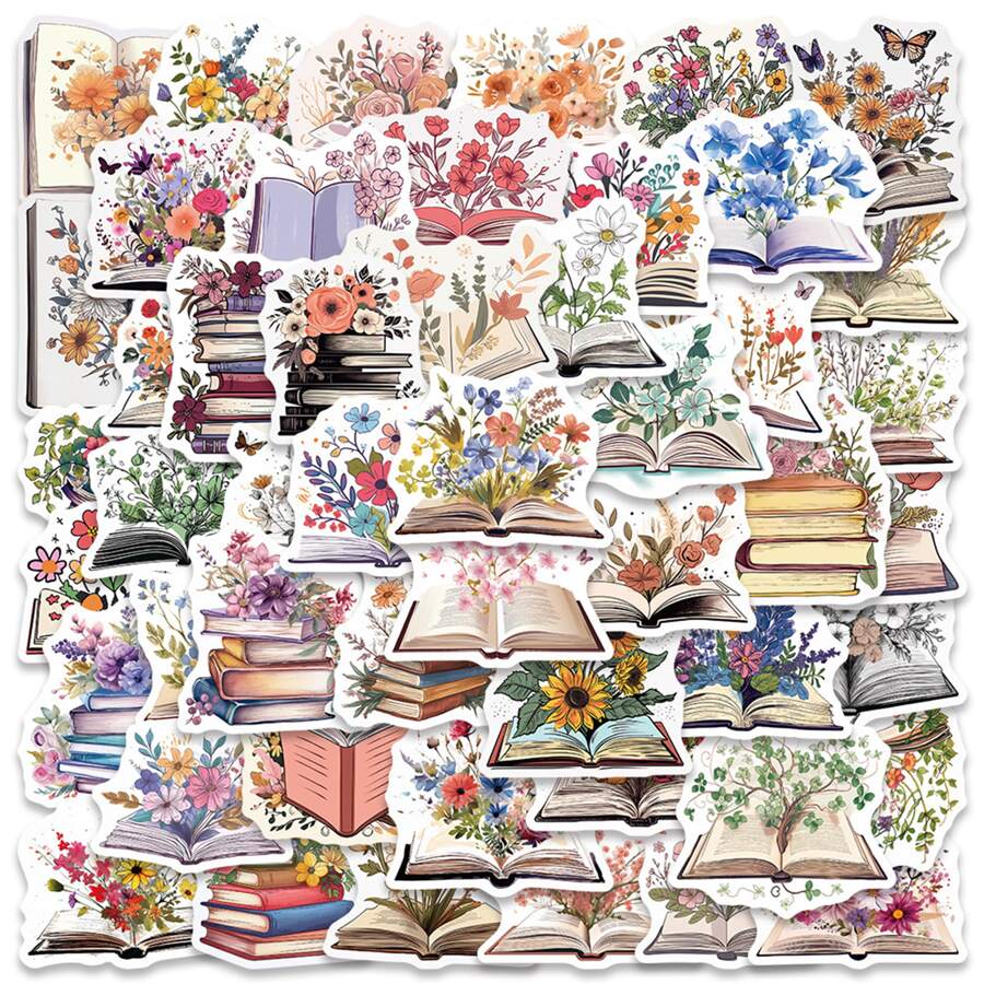50pcs Book & Flower Themed Artistic Graffiti Sticker - Multicolor - View 1