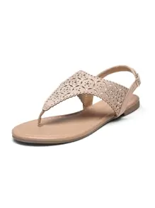 Women Rhinestone Gladiator T-Strap Thong Sandals Casual Wear Cute Flat Sandals Adjustable Buckle Beach Dress Summer Shoes - Màu be - Xem 4