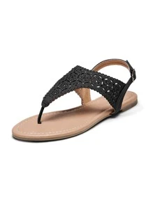 Women Rhinestone Gladiator T-Strap Thong Sandals Casual Wear Cute Flat Sandals Adjustable Buckle Beach Dress Summer Shoes - 黑色 - 查看 5