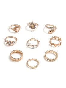 7入組波西米亞風格戒指套裝,星月寶石蛇形戒指套裝 - 金色 - 查看 5