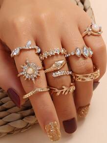 7入組波西米亞風格戒指套裝,星月寶石蛇形戒指套裝 - 金色 - 查看 1