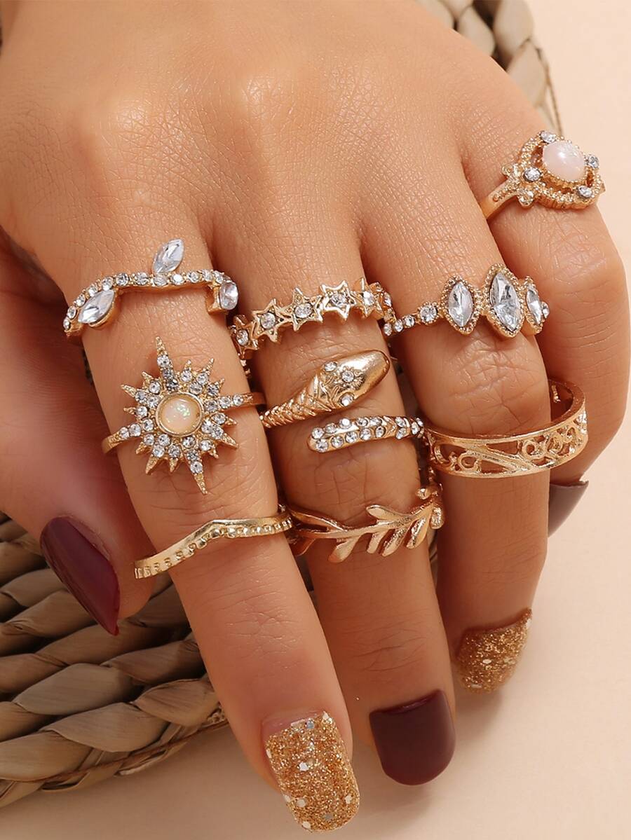 7入組波西米亞風格戒指套裝,星月寶石蛇形戒指套裝 - 金色 - 查看 1