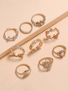 7入組波西米亞風格戒指套裝,星月寶石蛇形戒指套裝 - 金色 - 查看 3