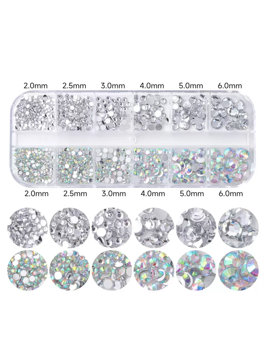 Runde flache Rückseite Harz Strass Nail Art dekorative Edelsteine in einer 12er Gitterbox, gemischte Modelle und Größen für DIY Dekorationen, Nail Charms, Nagelzubehör - Transparent - Übersicht 1