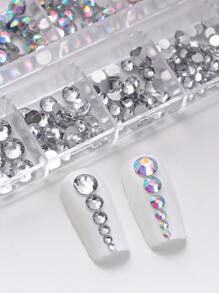 Runde flache Rückseite Harz Strass Nail Art dekorative Edelsteine in einer 12er Gitterbox, gemischte Modelle und Größen für DIY Dekorationen, Nail Charms, Nagelzubehör - Transparent - Übersicht 2