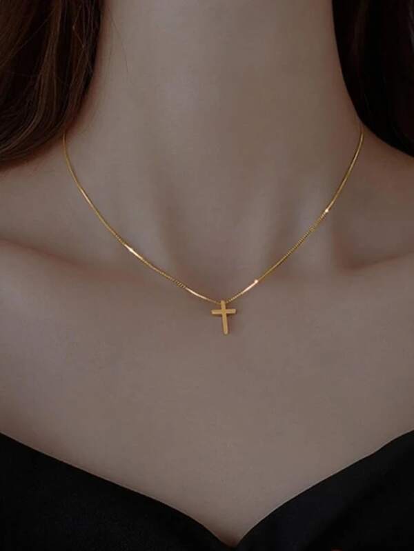 17KM 1pc Simple Cross Pendant Necklace, Women's Vacation & Date Gift