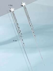 MESTILO 1pair Personalized Copper Plated Star & Tassel Ear Threader Earrings, Exaggerated Chain Design Long Dangle Ear Accessory Suitable For Women's Daily Wear - Silver - View 3