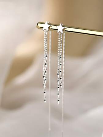 MESTILO 1pair Personalized Copper Plated Star & Tassel Ear Threader Earrings, Exaggerated Chain Design Long Dangle Ear Accessory Suitable For Women's Daily Wear