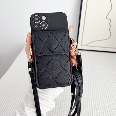 黑色菱格纹绗缝皮革单件装黑色可调节斜挎卡包手机壳，兼容苹果11/11Pro/11ProMax、12/12Pro/12ProMax、13/13Pro/13ProMax、14/14Pro/14Plus/14ProMax、15/15Plus/15Pro/15ProMax、XR/XSMax、7Plus/8Plus、16/16ProMax、17/17Pro/17ProMax，可容纳2张卡片，肩带可拆卸，生日礼物、周年纪念礼物、派对礼物