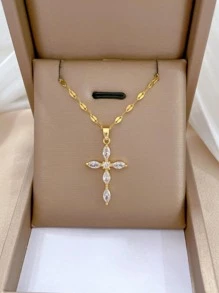 One Piece Stainless Steel Chain Multi Color Crystal Cross Pendant Necklace - White - View 1