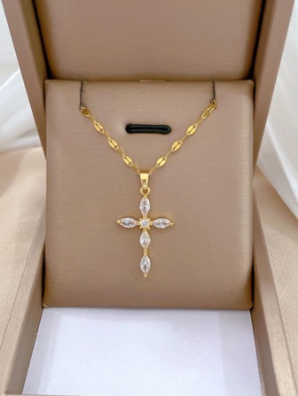 One Piece Stainless Steel Chain Multi Color Crystal Cross Pendant Necklace