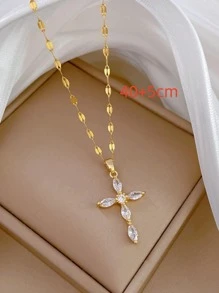 One Piece Stainless Steel Chain Multi Color Crystal Cross Pendant Necklace - White - View 2