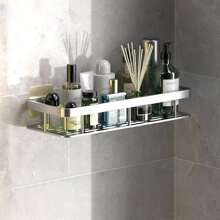 1pc Bathroom Storage Rack, Wall Mounted, Waterproof, No Trace Sticker, For Various Toiletries, Kitchen Shelf - Bạc - Xem 1