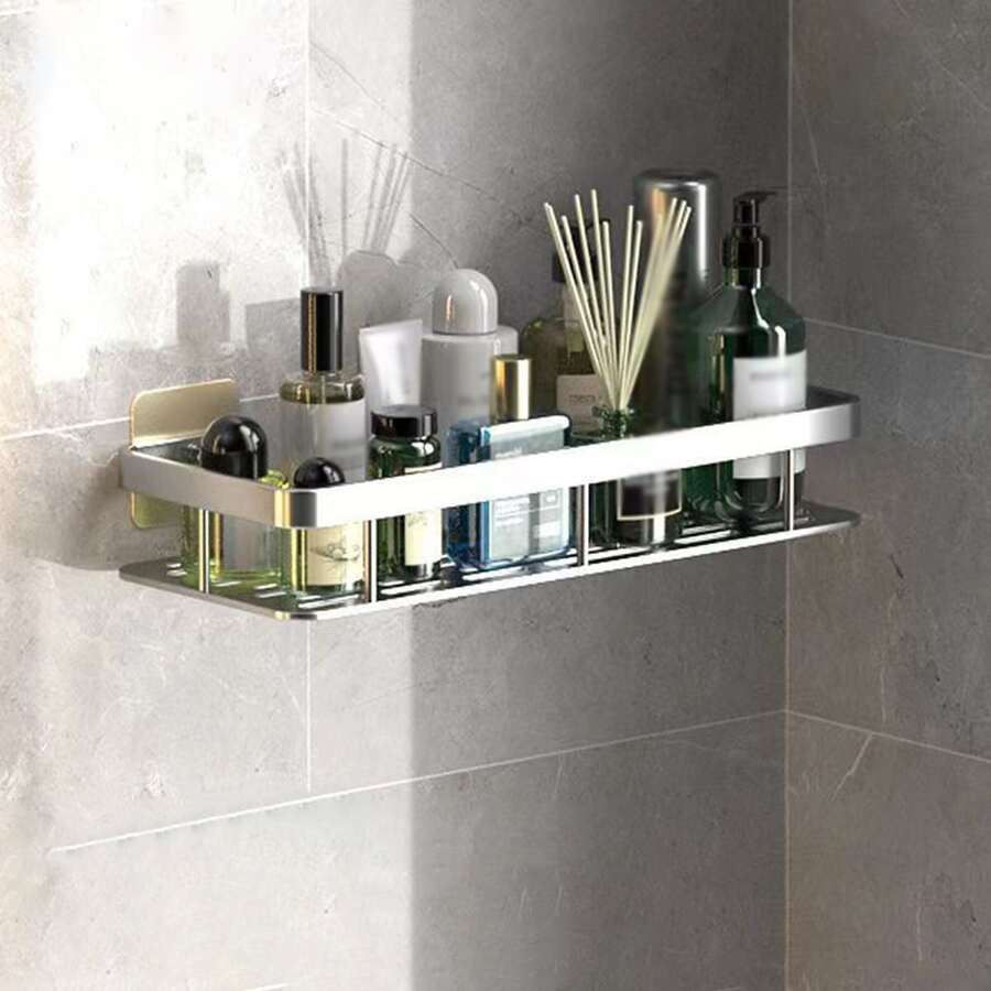 1pc Bathroom Storage Rack, Wall Mounted, Waterproof, No Trace Sticker, For Various Toiletries, Kitchen Shelf - Bạc - Xem 1