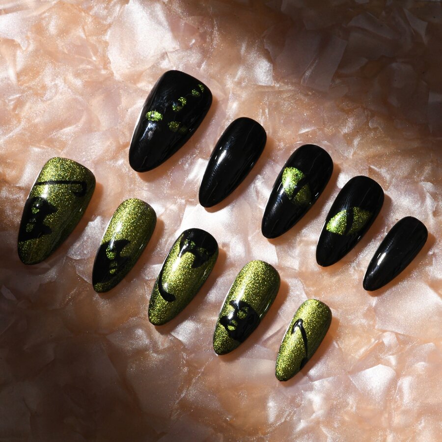 10入組尺寸L手工製作工藝按指甲片,黑色貓偏振的燈透明法語美甲時尚閃閃發光假指甲適合女士和女孩 - 彩色 - 查看 1