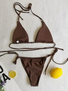 吊带三角绑带侧比基尼套装 夏季 - 咖啡棕 - 查看 4