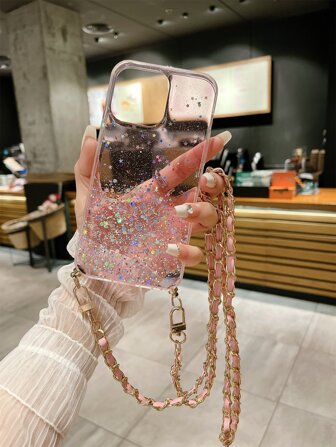 情人节亮片 1 件闪光粉色手机壳带链条、可拆卸和斜挎，兼容 Iphone 11/11pro/11promax/12/12pro/12promax/13/13pro/13promax/14/14pro/14plus/14promax/15/15plus/15pro/15promax/7/8/7plus/8plus/X/Xs/Xr/Xsmax 和 Galaxy S22ultra