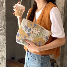 1入時尚簡約刺繡圖案便攜式女士化妝包,學生旅行返校口紅袋,春季流行優雅的化妝儲物袋