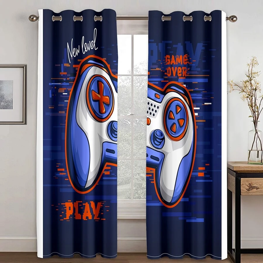 2pcs Ps5 Gaming Board Curtains For Boys & Girls, Men's Cool 3d Printed Gaming Room Curtains. Colorful Curtains Featuring Game Consoles, Controllers For Modern Gaming Console Room Decor - Blue - View 1